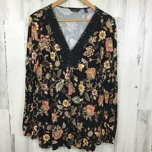 Susan Graver Weekend Floral Printed Viscose Tunic Lace V-neck Black Multi L